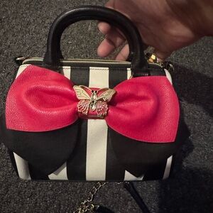 Betsey Johnson Black and White Handbag with Pink Bow